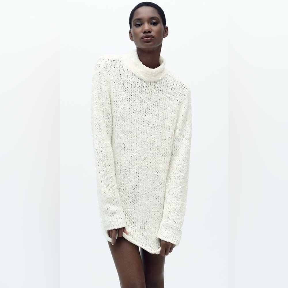 ZARA Cozy White Knit Sequin Turtleneck Sweater size large